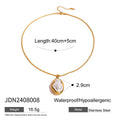 Women's stainless steel necklace with irregular mother pearl shellfish pendant on regular chain, with matching earrings and ring