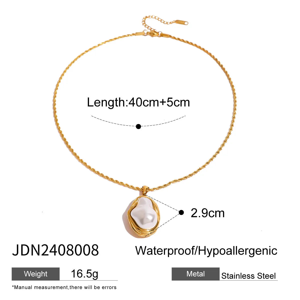 Women's stainless steel necklace with irregular mother pearl shellfish pendant on regular chain, with matching earrings and ring