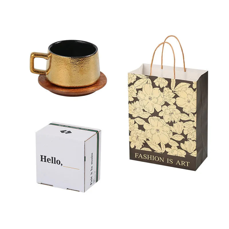 Ceramic coffee tumbler gift set with metal-plated gift box, approximately 250ml capacity, irregular shape