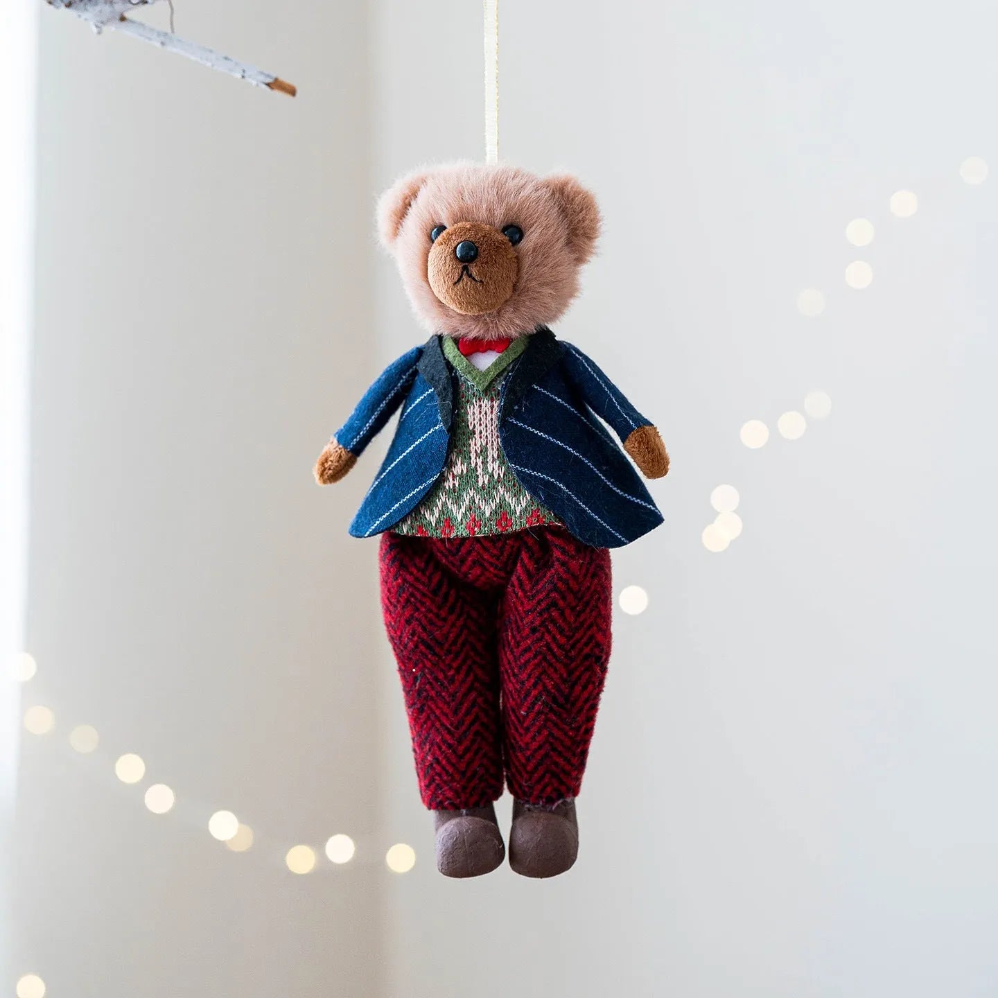 Pair of cartoon plush bear dolls, a princess and a gentleman, wearing cotton suits with a plaid tartan pattern.