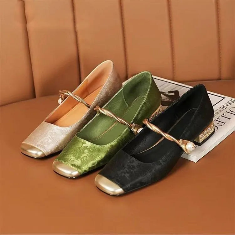 Women's retro French low-cut shoes with sequins, Velcro fastening, and low platform heel in beige, black, and green