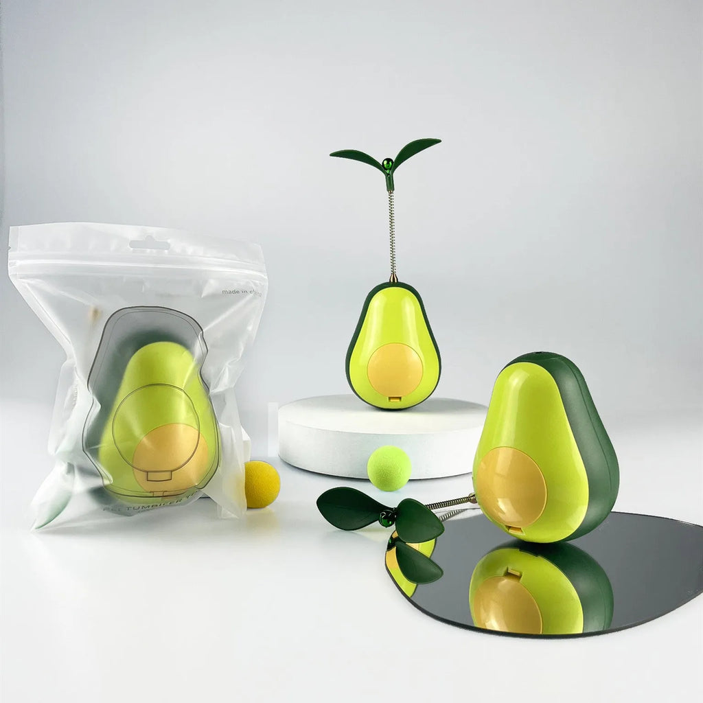 Green avocado-shaped silicone food leakage cat toy tumbler on a surface, 80x80x107mm
