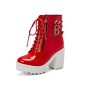 Women's black PU leather lace-up ankle boots with a thick 6-8cm heel and round toe on a white background
