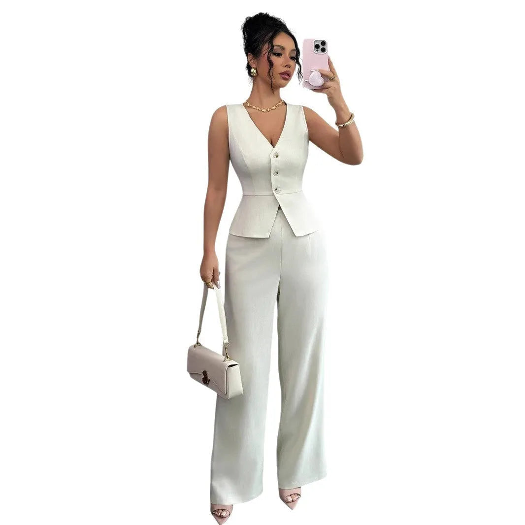 Women's black sleeveless vest and high waist trousers two-piece casual set