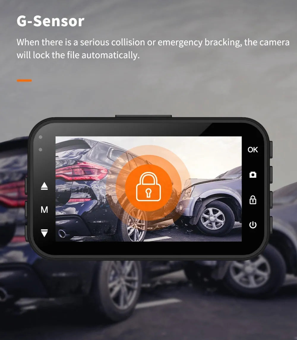 ThiEYE front and rear car dash camera with 3-inch screen mounted on car windscreen