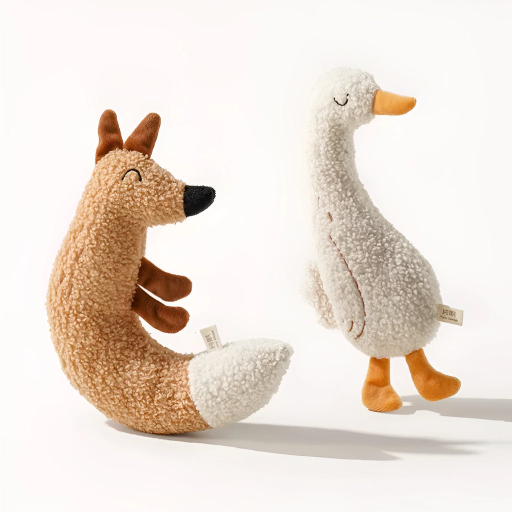 Cartoon dog grinding toy in fox or duckling design with teddy velvet fabric