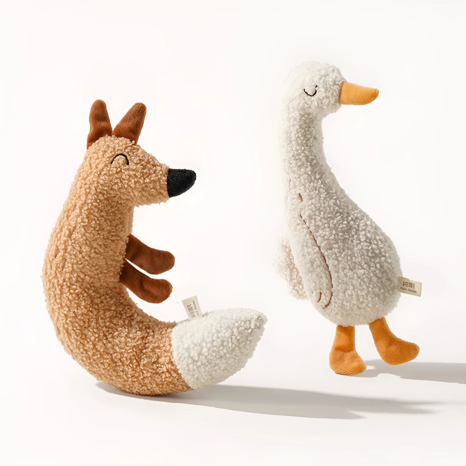Cartoon dog grinding toy in fox or duckling design with teddy velvet fabric
