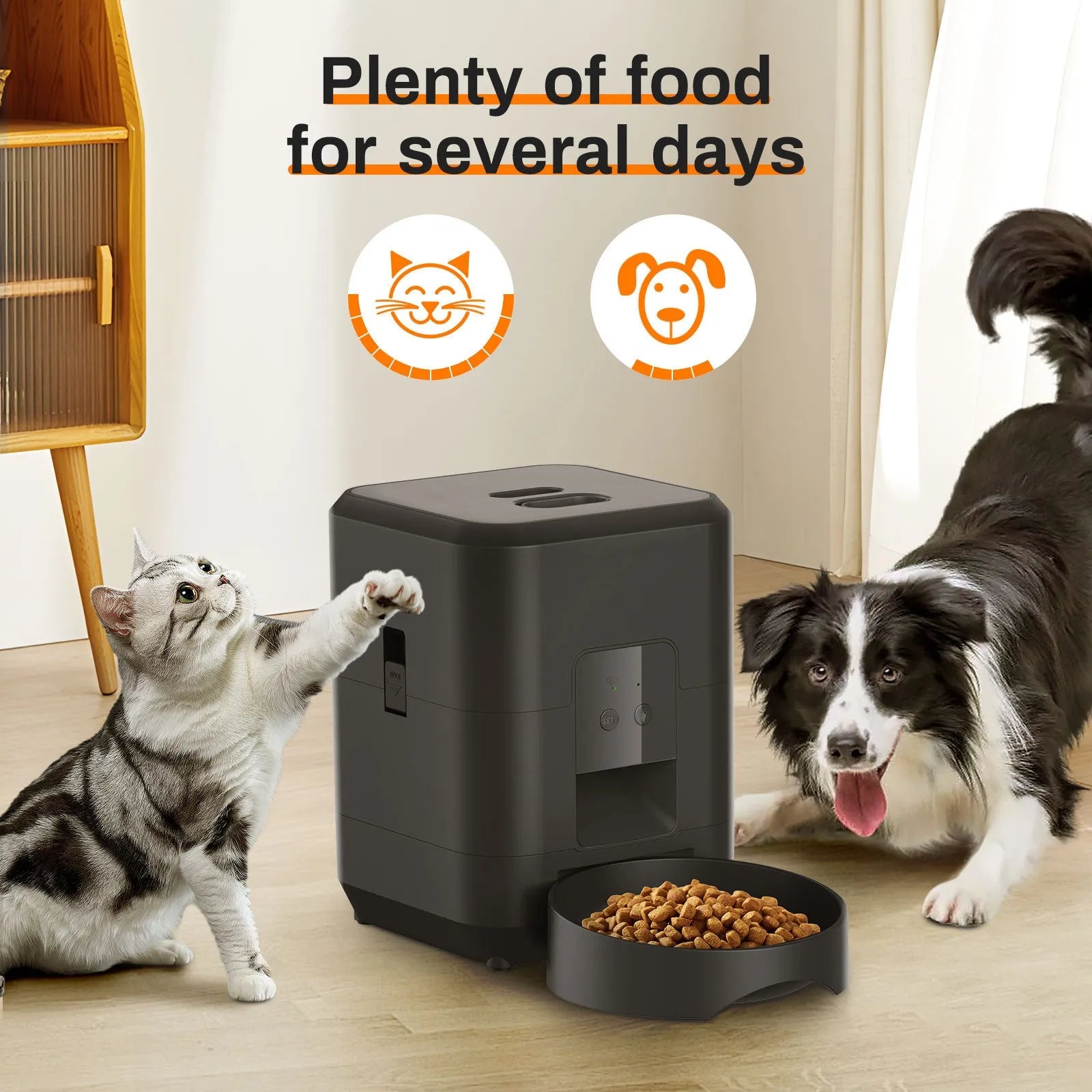 Automatic cat feeder in white or black with programmable timing and remote control options