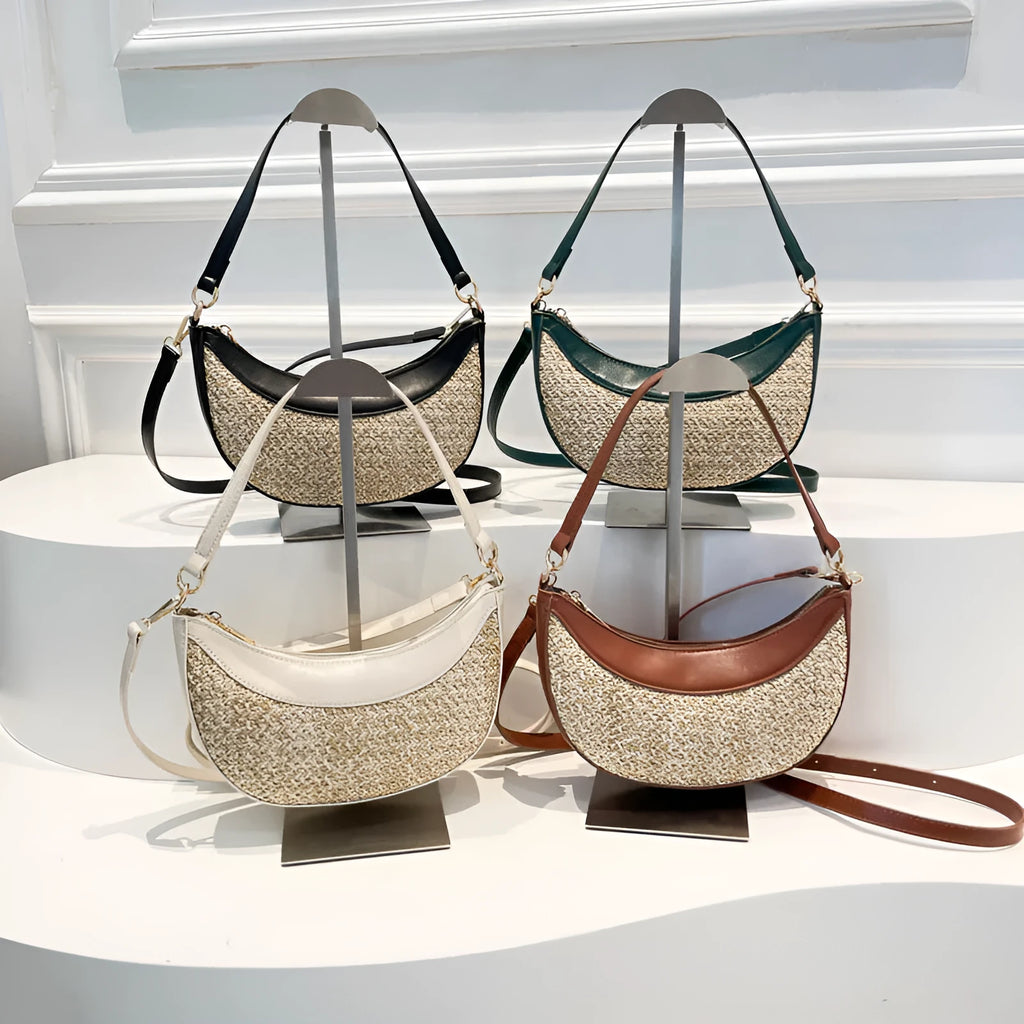 Hard-shell straw dumpling-shaped women's crossbody bag with contrast stitching and interior compartments