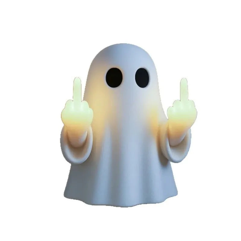 White plastic ghost statue night lamp with LED illumination for Halloween decor measuring 19.85cm tall