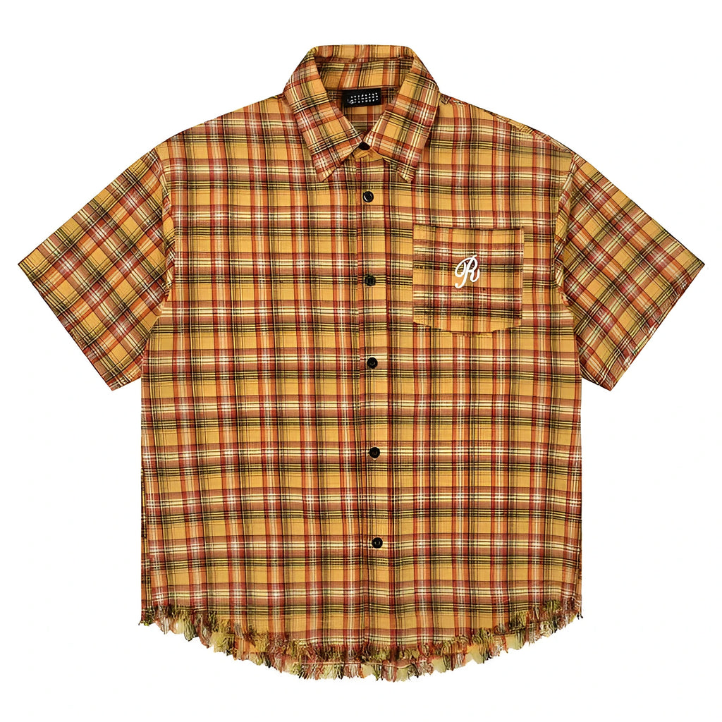 Yellow grid short sleeve plaid shirt with embroidered front pocket, loose fit unisex casual shirt