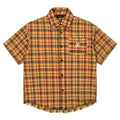 Yellow grid short sleeve plaid shirt with embroidered front pocket, loose fit unisex casual shirt
