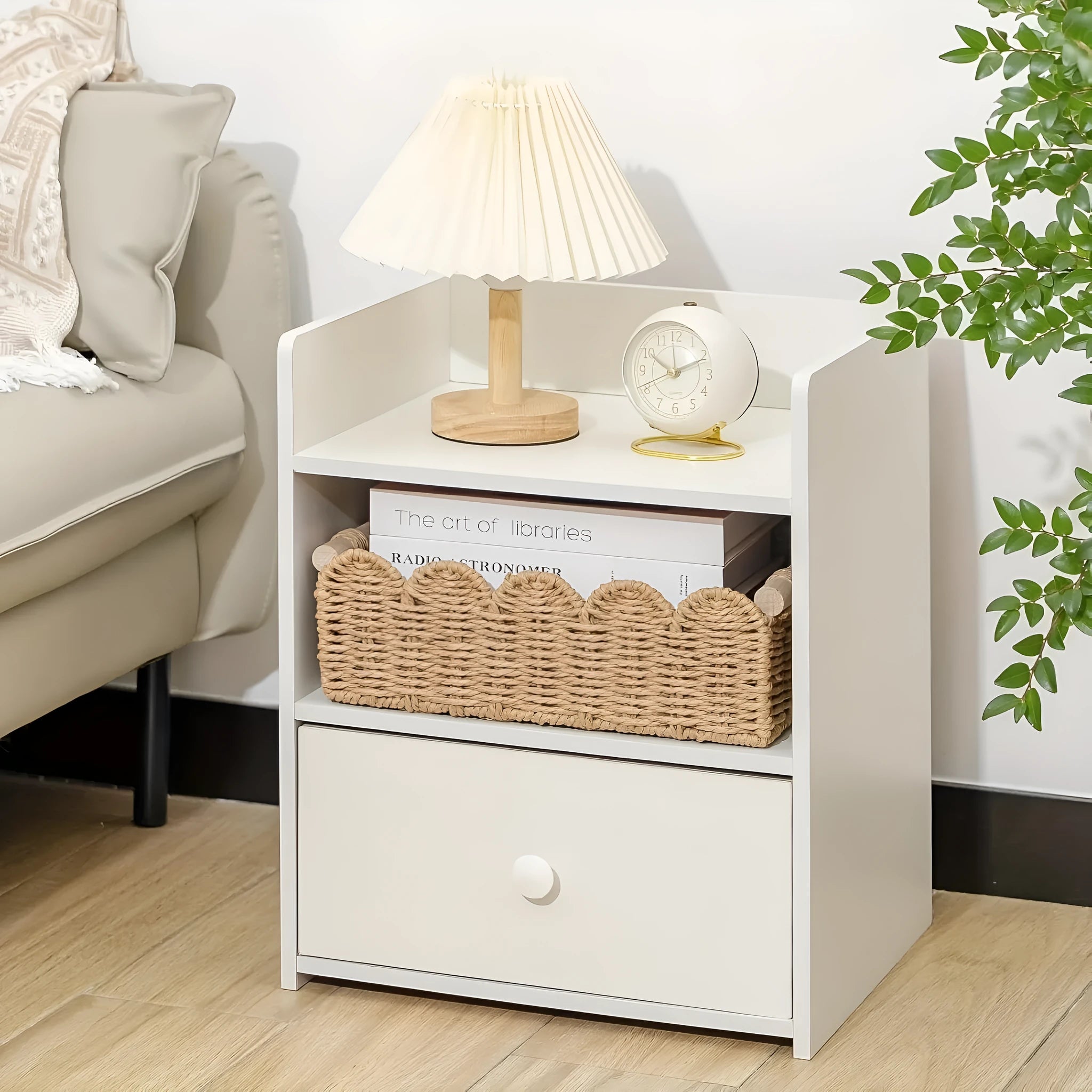 Modern woven paper storage basket in khaki colour on a wooden table, dimensions 35.5cm long by 16cm wide.