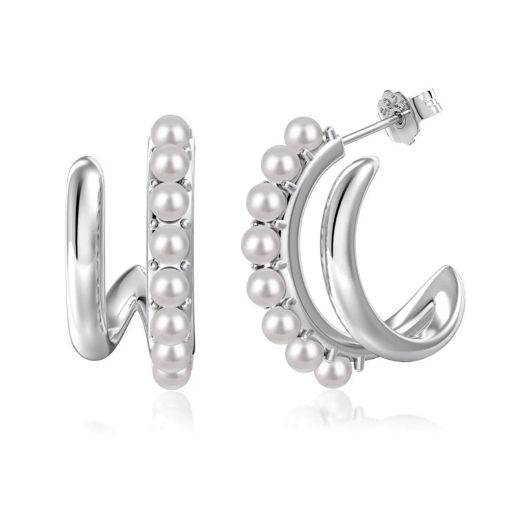 925 silver shell pearls earrings for women, 9x21mm, platinum finish stud style