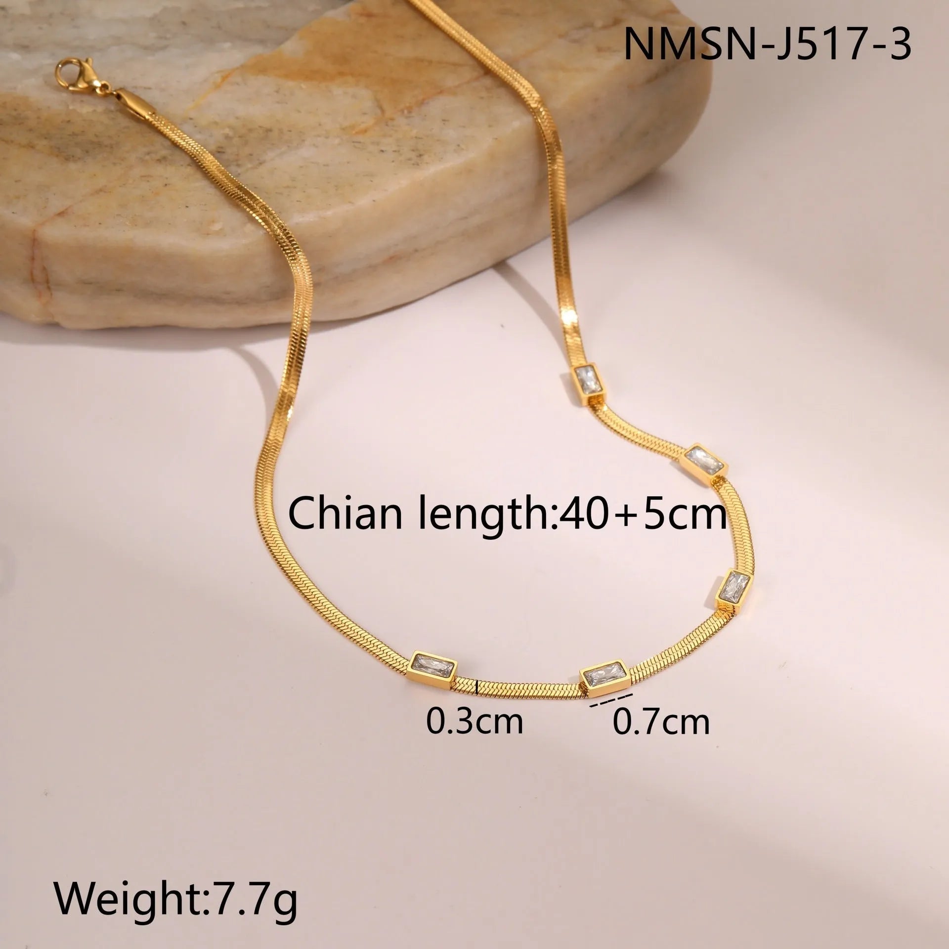 Geometric square zircon pendant necklace with stainless steel flat snake chain in gold or steel colour finishes