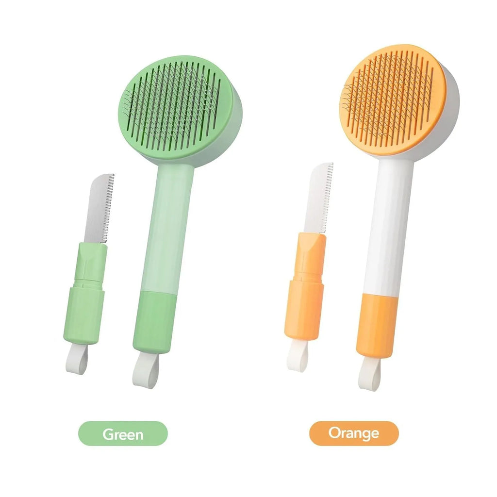 Green and yellow 2-in-1 pet grooming brush with stainless steel teeth and hanging loop.