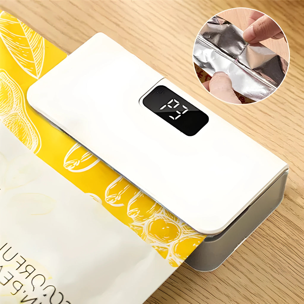 Small blue and white portable manual heat sealing machine for plastic food bags.