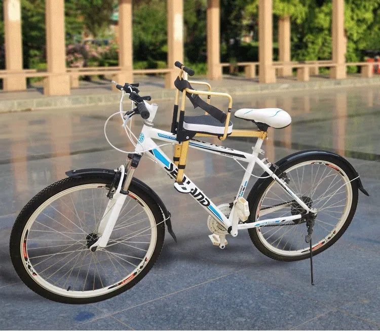 Aluminium alloy front-mounted folding child seat for shared bicycle in yellow with armrest