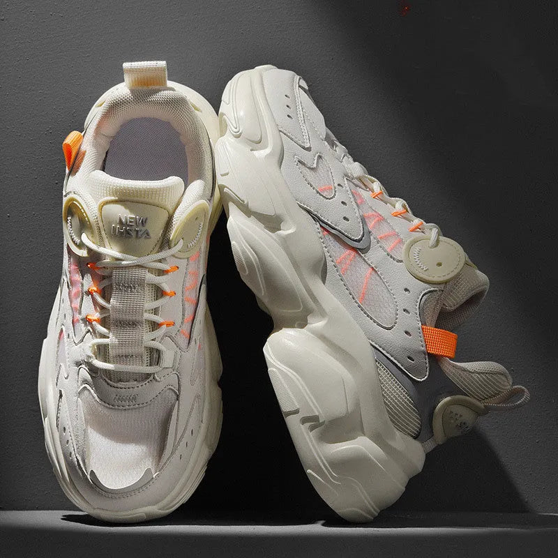 Men's PU running sports shoes in beige with stitching detail, side view
