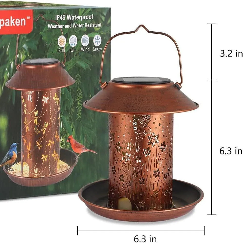 Solar-powered iron art bird feeder lamp with hummingbird pattern design for outdoor gardens
