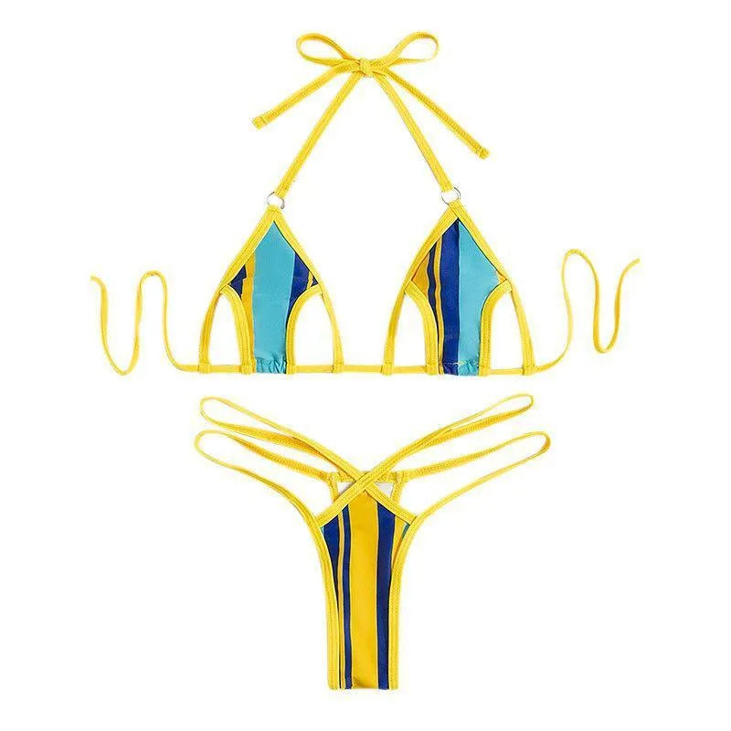 Yellow women's high-waist hollow-out backless swimsuit bikini set on a neutral background.