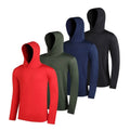 Four men's lightweight polyester hoodies folded showing different colours and both hooded and non-hooded styles