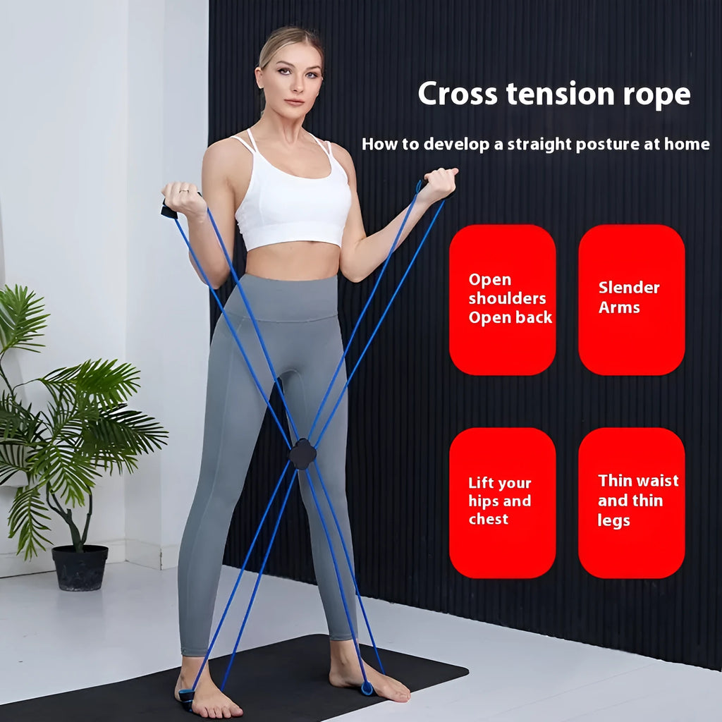 Blue eight-character puller resistance band for shoulder fitness exercises with cross-tension device
