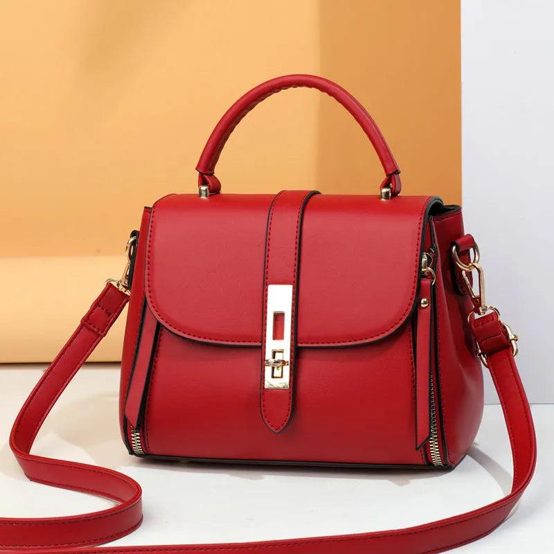 Women's soft leather square shoulder bag in black, red, green, or blue with single strap
