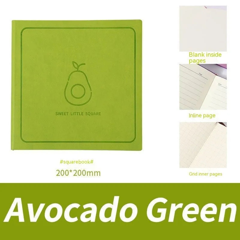 A5 square notebook with textured mesh leather cover in avocado green, showing blank internal Daolin paper.
