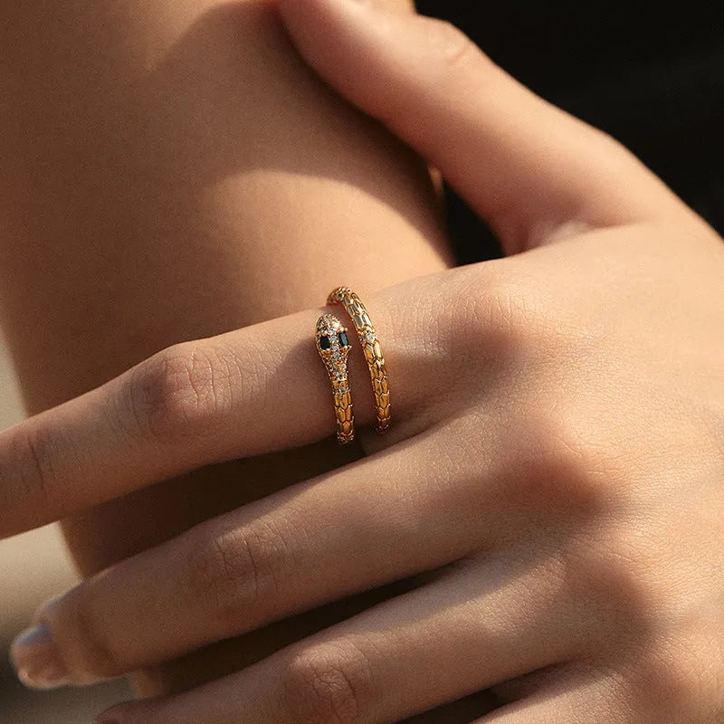 Snake-shaped adjustable index finger ring with gold colour finish and diamond-treated surface