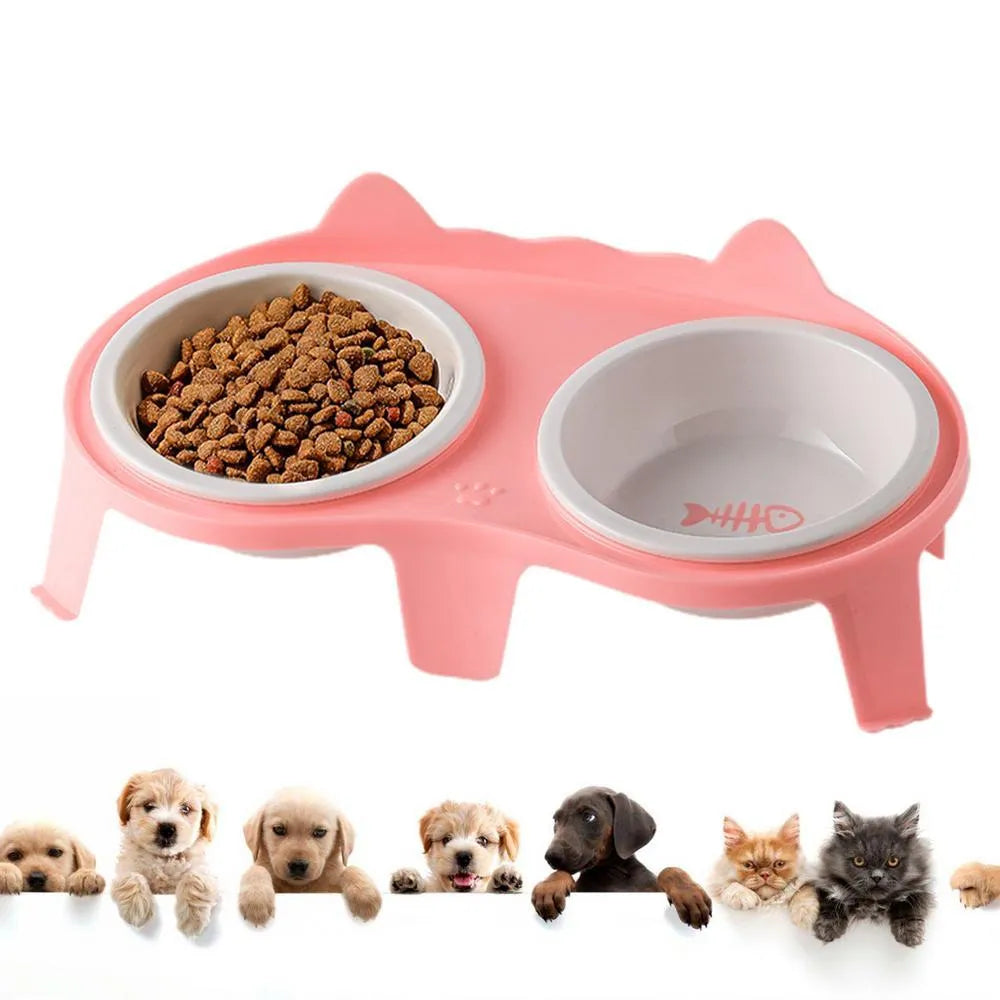 Ceramic cat food and water bowl set on tilted elevated stand in blue, pink, white or yellow colours