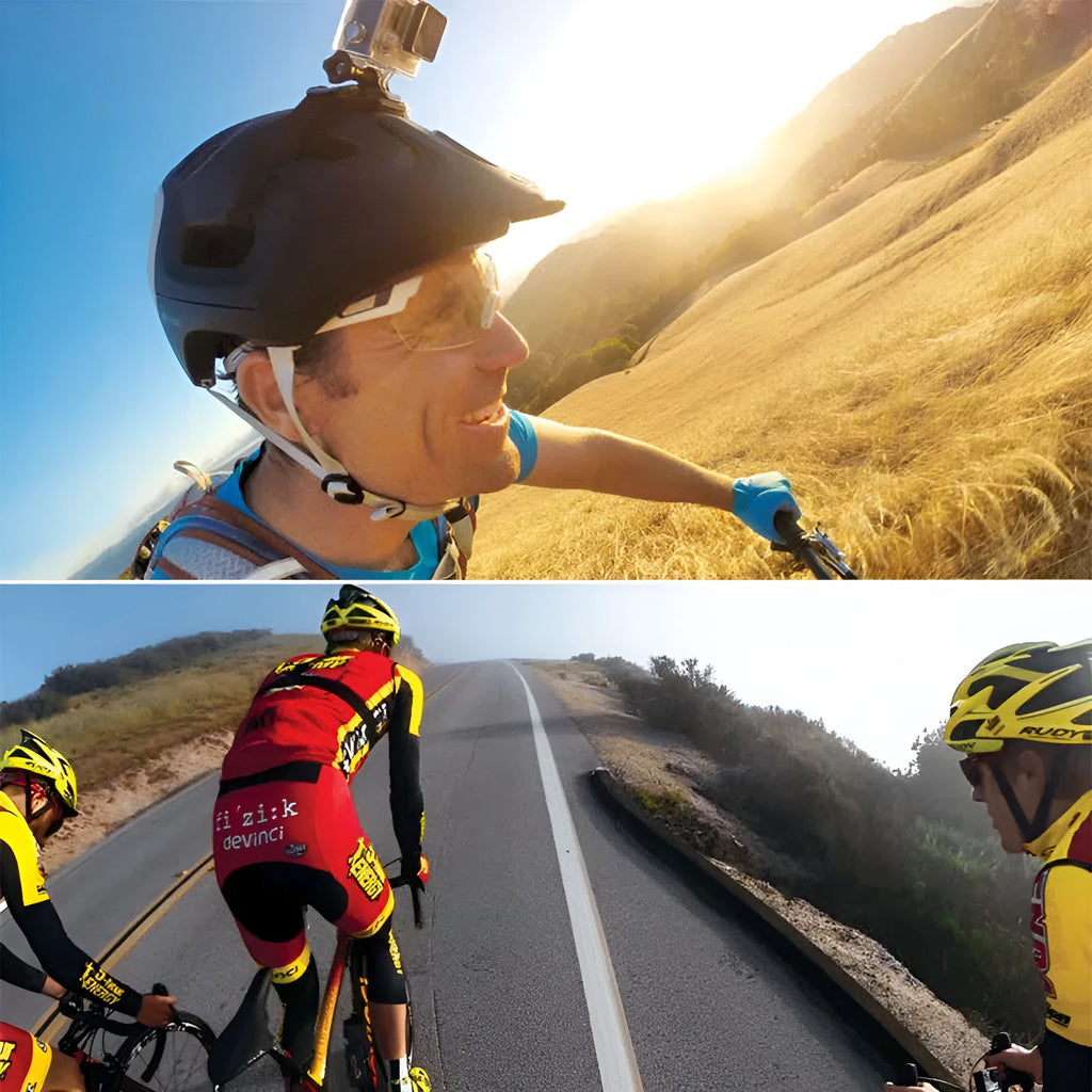 Black nylon bicycle helmet strap with fixed mount for DJI Osmo Action and GoPro camera