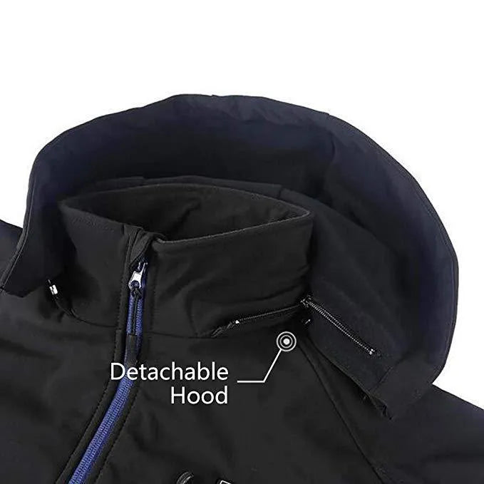 Black USB heated waterproof winter coat for men with zipper pockets, shown in size L.