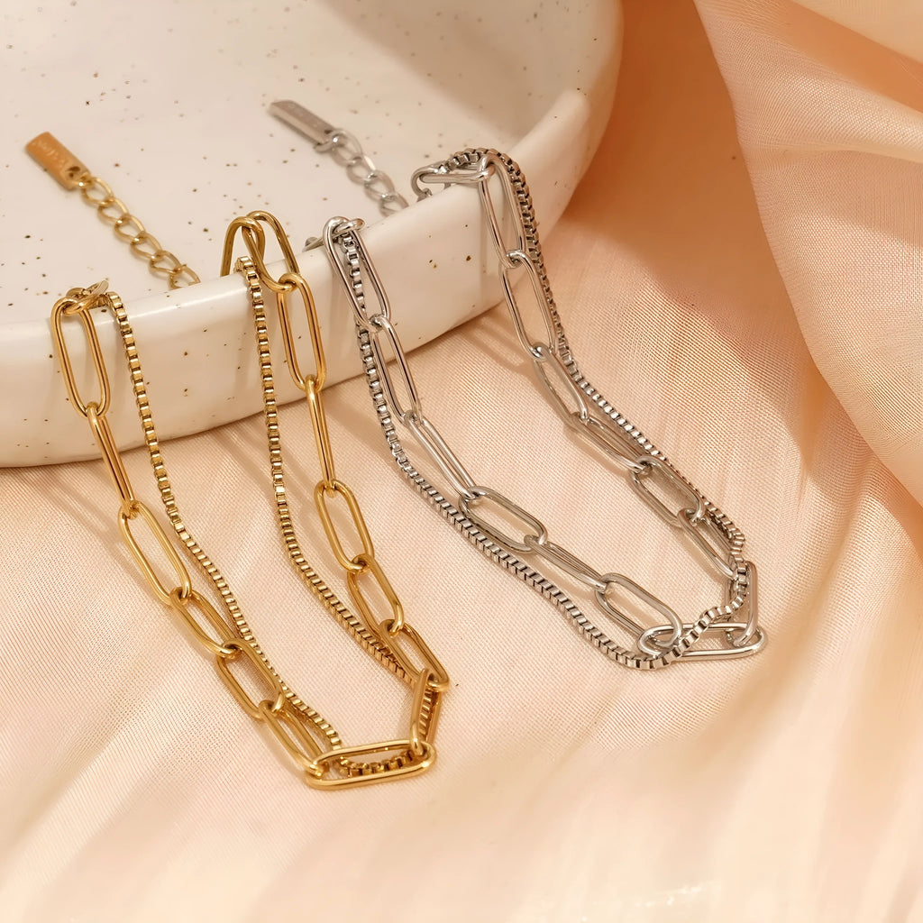 Women's double layer geometric bracelet in gold or silver with stainless steel construction