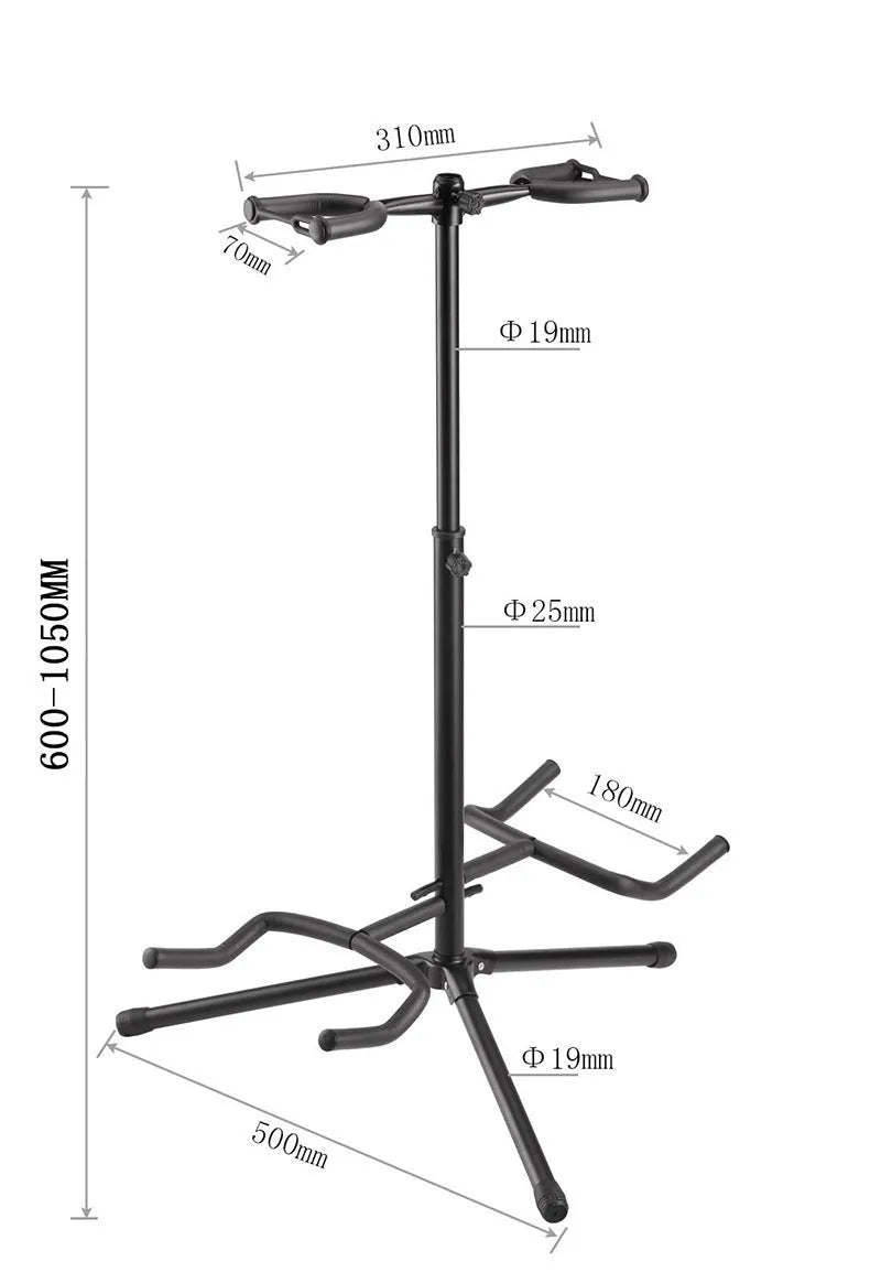 Black vertical double-headed adjustable iron guitar stand on a floor
