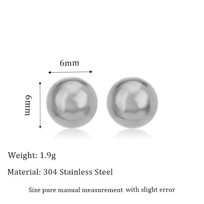 Stainless steel minimalist ball stud earrings in gold or silver, showing size comparison of 3mm, 4mm, 5mm and 6mm balls.
