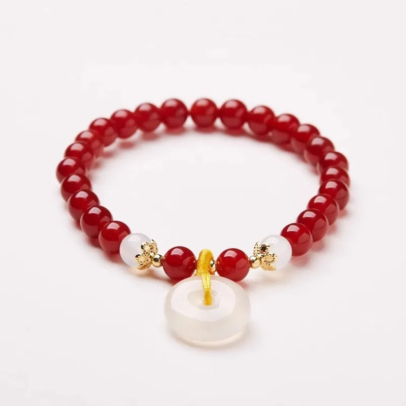 Handmade Chinese style bracelet with natural jinsi jade and red agate 6mm beads and safety buckle clasp