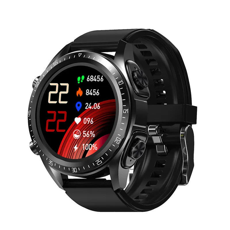 Black smart watch with blood pressure monitoring on silicone strap showing 1.28 inch display