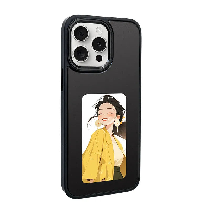 Graphite black iPhone case with a four-colour E-ink display and a fold-out standing bracket.