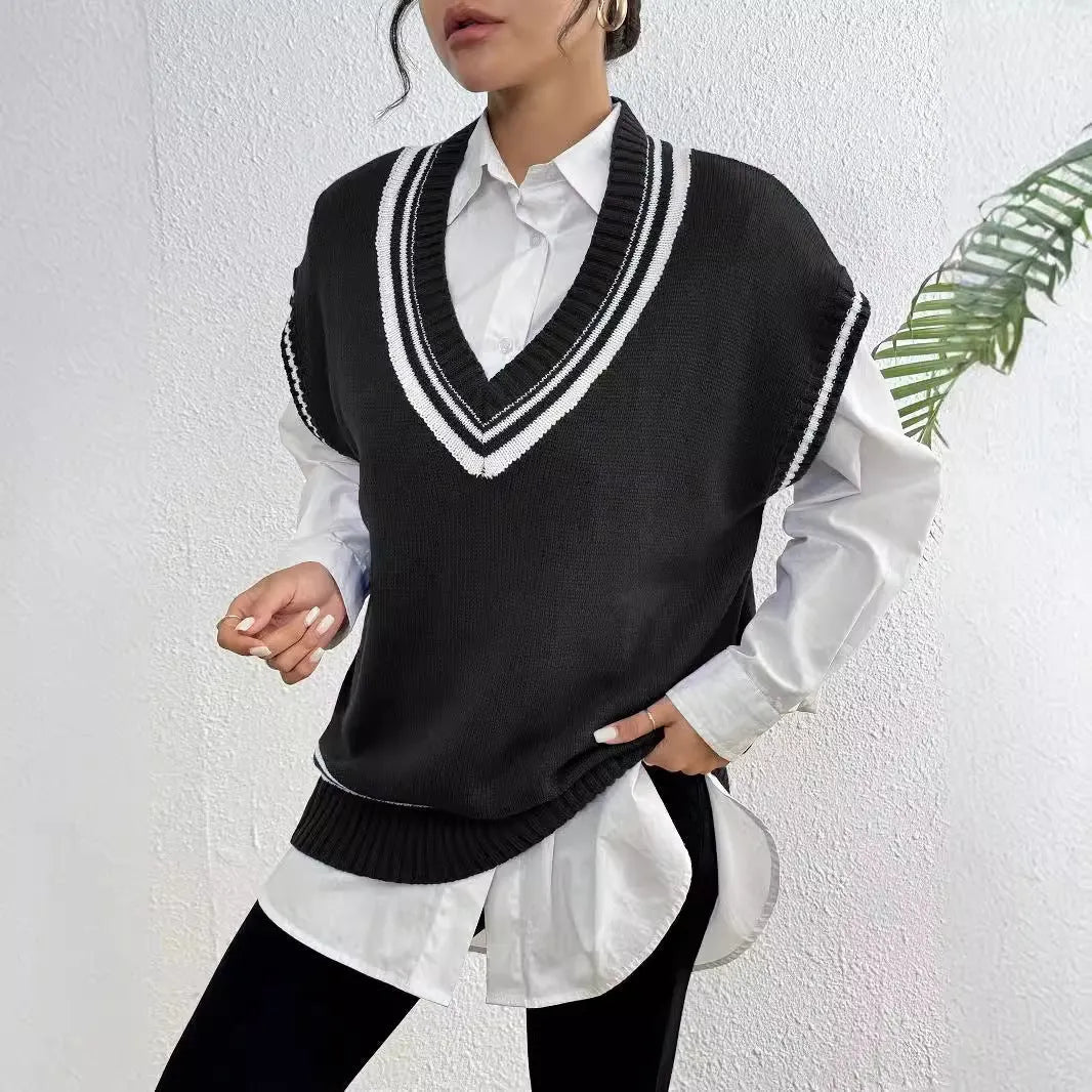 Women's casual acrylic blend vest sweater in blue colour with loose college style design