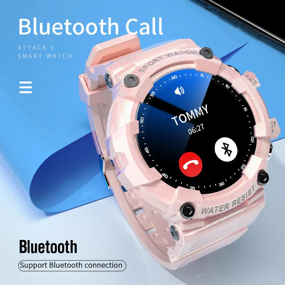 IP67 waterproof smartwatch with round screen on TPU strap in black, white, or pink