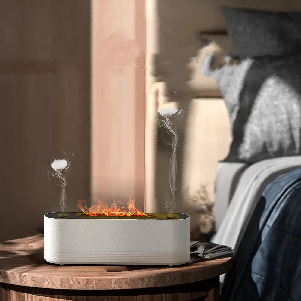 Black or white Flame Air ultrasonic humidifier and aroma diffuser with 7-colour LED lights on.