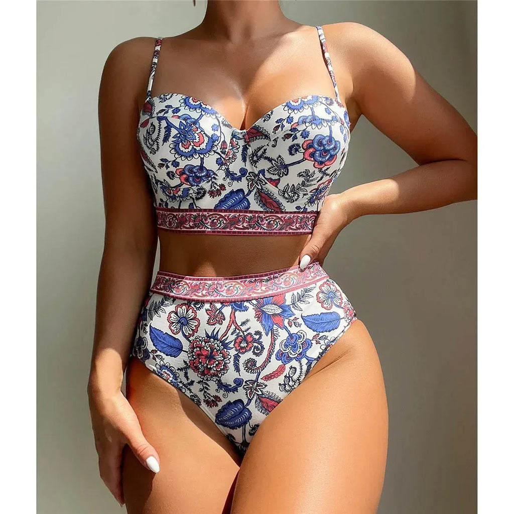 Blue women's high-waist push-up bikini swimsuit made from polyester fabric