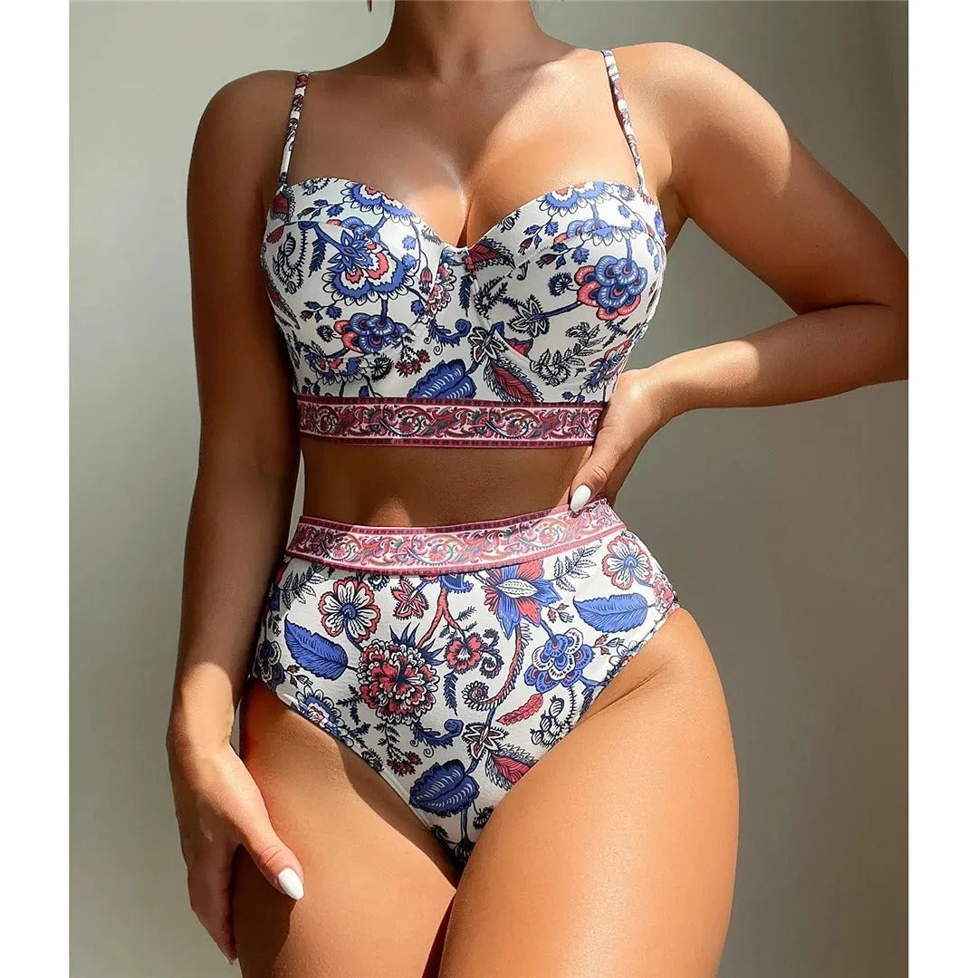 Blue women's high-waist push-up bikini swimsuit made from polyester fabric