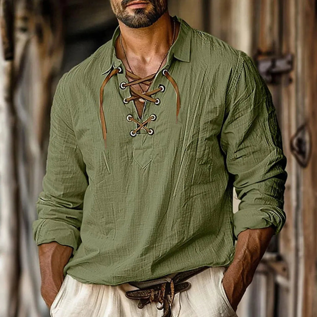 Men's loose fit linen blend shirt with lapels and lace design in blue, shown on a hanger.