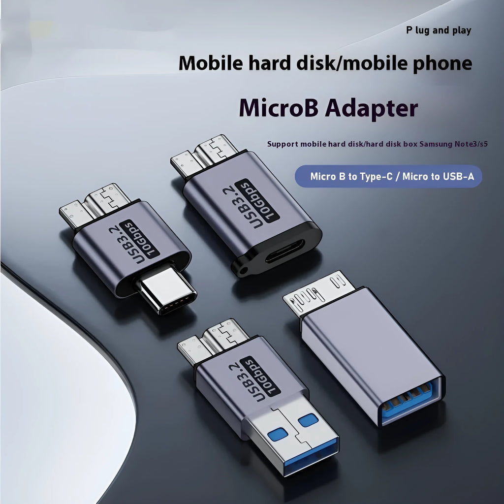 Close-up of a USB AM to Micro-B adapter cable with labelled Micro001, Micro002, Micro003, and Micro004 interface options.