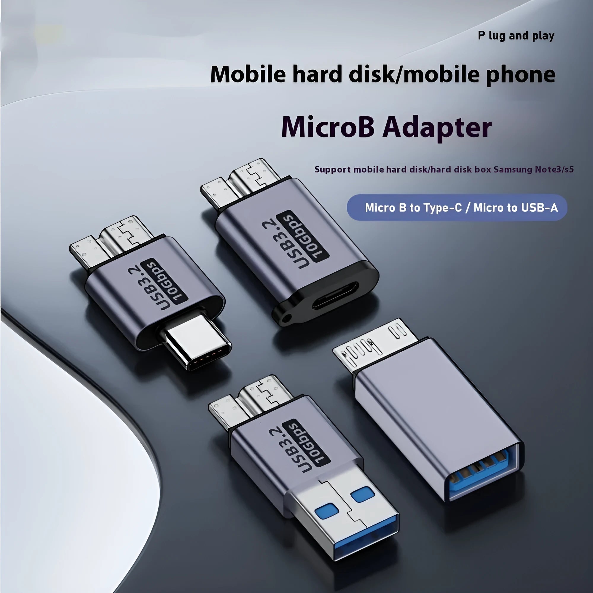 Close-up of a USB AM to Micro-B adapter cable with labelled Micro001, Micro002, Micro003, and Micro004 interface options.