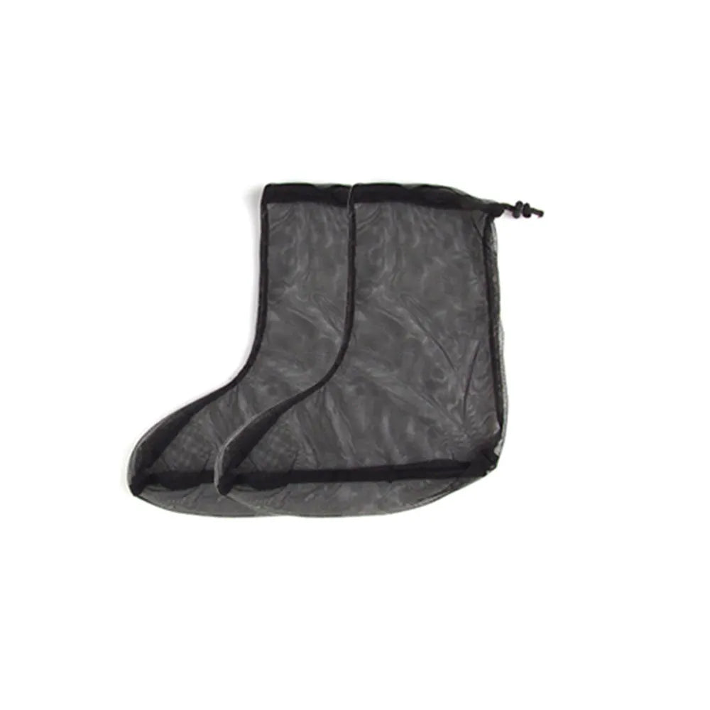 Four-piece mosquito-proof suit set showing hooded jacket, pants, and booties in breathable mesh fabric