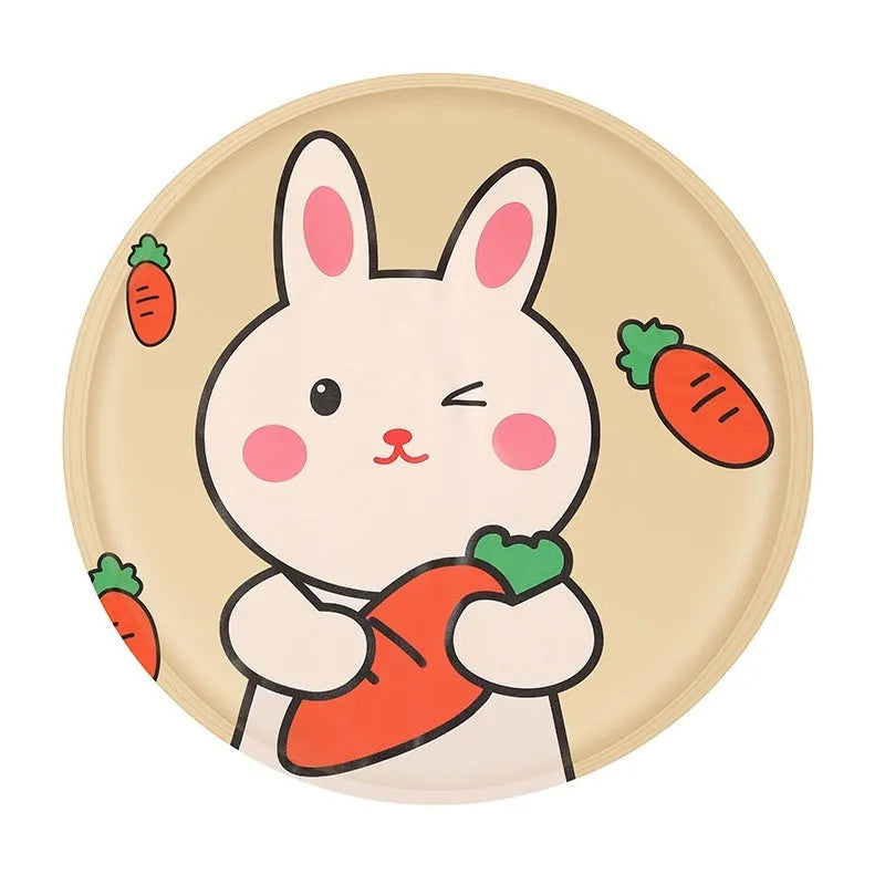 Round pet cooling mat with cartoon designs in beige bunny pattern showing cloth construction