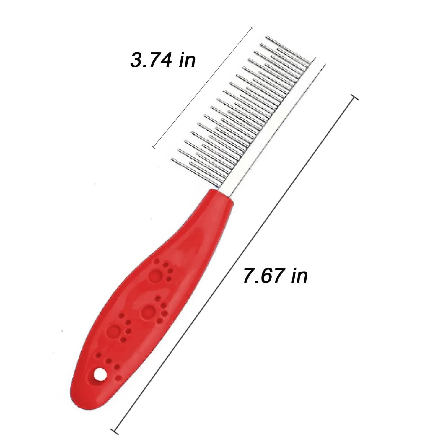 Red plastic handle pet comb with dual-length stainless steel teeth for detangling dog and cat hair.